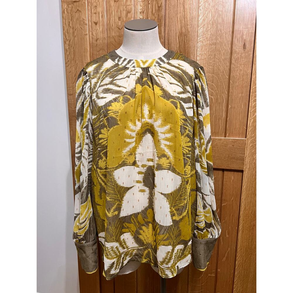 Boho Maximalist Rachel Zoe Mustard Gold Metallic Floral Puff Sleeve Blouse Sz XL